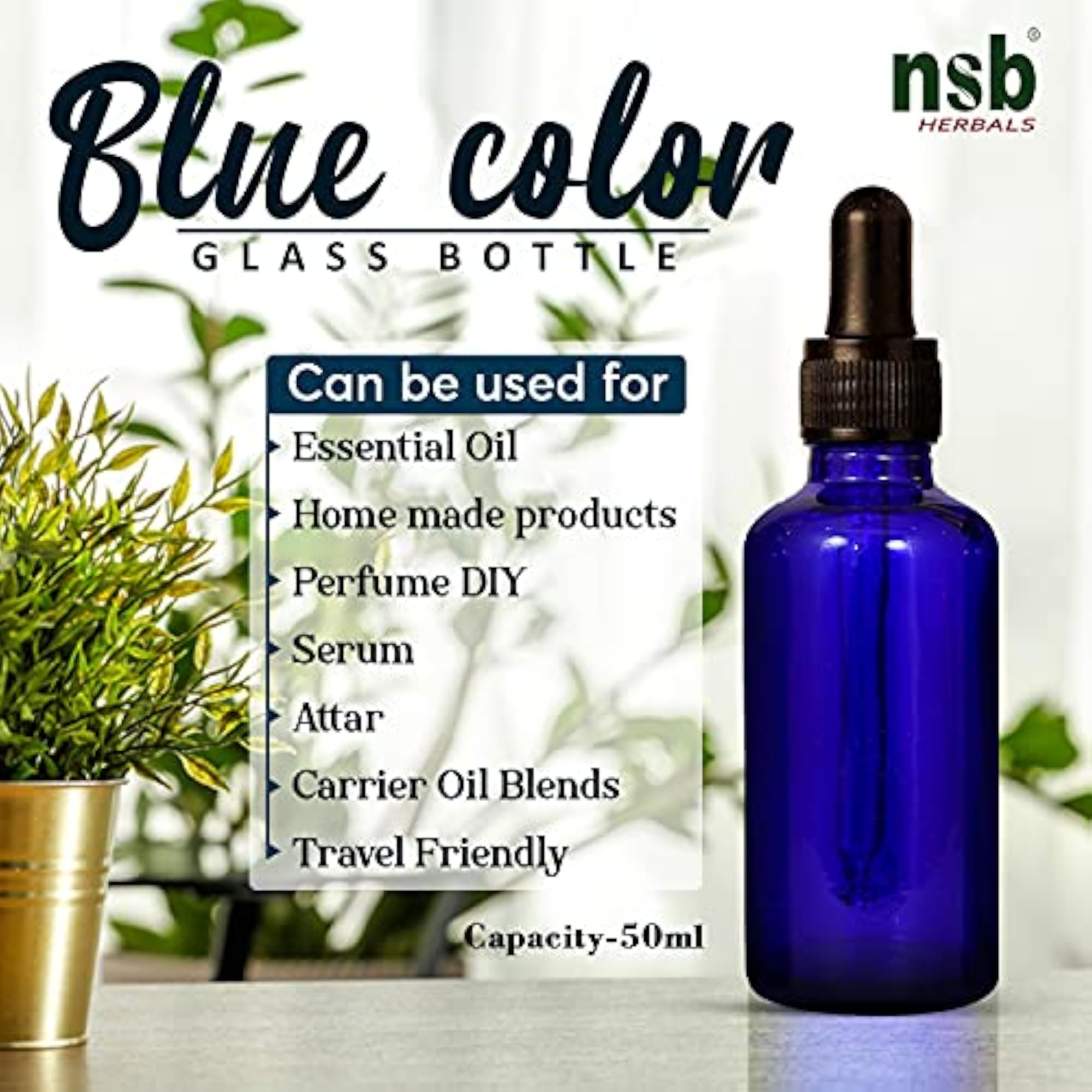 50ml Blue Round Glass Bottle with Dropper, Refillable